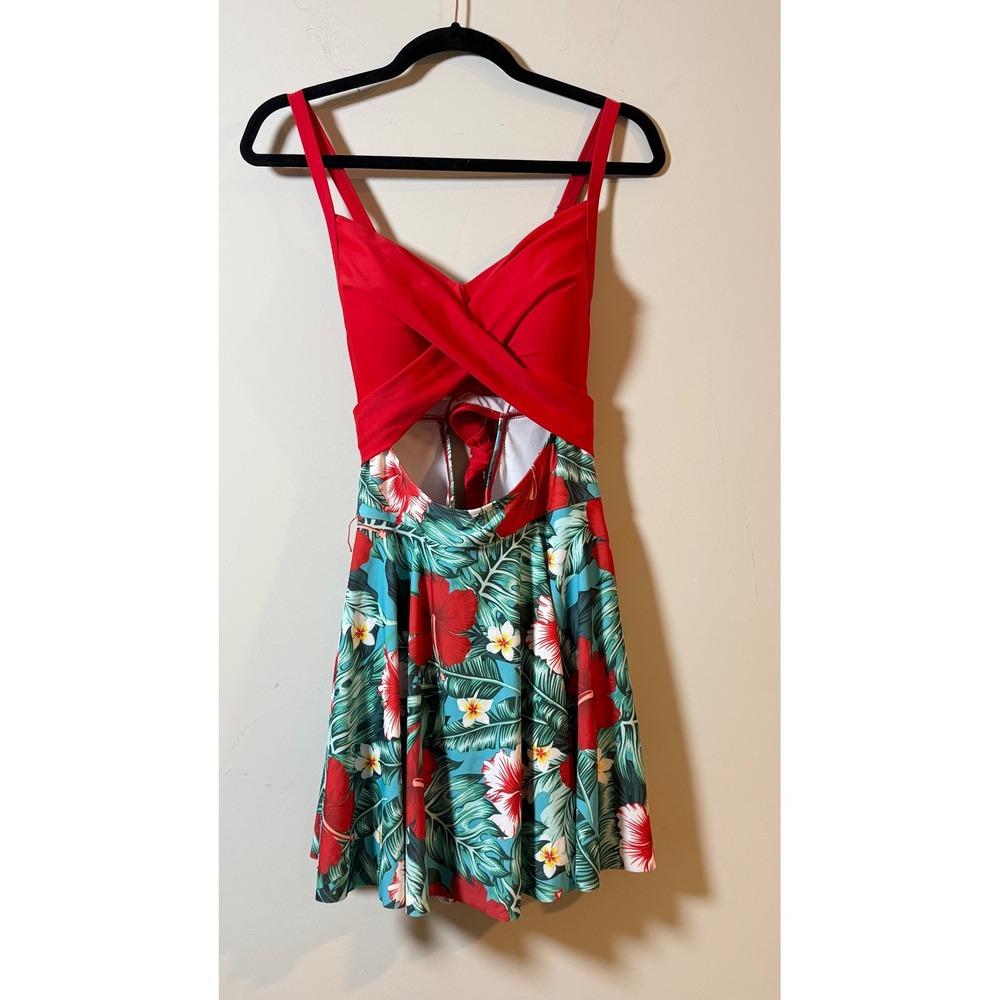 Swim Dress Red Floral Tropical Skirted One Piece Womens Size L Unbranded
